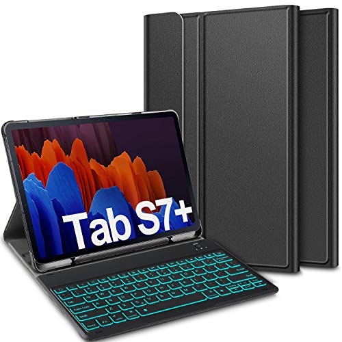 ELTD Tastatur Hülle für Samsung Galaxy Tab S7 Plus (Deutsches QWERTZ),Hülle mit 7 Farben LED-Hintergrundbeleuchtung Kabellose Tastatur für Samsung Galaxy Tab S7+ / S7 Plus 12,4 Zoll 2020, Schwarz