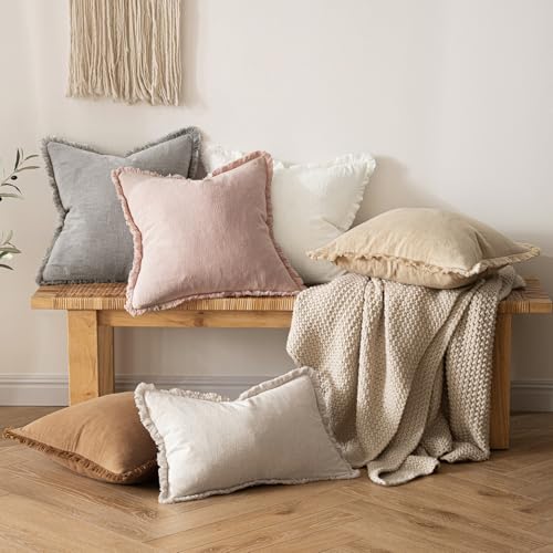 Image of MIULEE Valentines Decorative Throw Pillow Covers Neutral Linen Fringe Throw Pillows Set of 2 Light Pink Boho Farmhouse Cushion Covers for Couch Sofa Bed Living Room Spring Home Decor 18x18 Inch