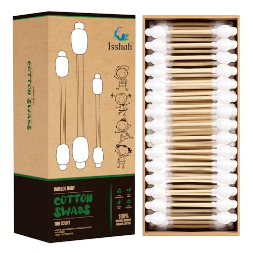 Image of Baby Cotton Swabs - 108 Count - FSC Certified and PETA Approved, Bamboo Handle Cotton Tips, 100% Biodegradable, Gentle, Eco Friendly, Double Tips, Plastic Free Safety Baby Cotton Buds by Isshah