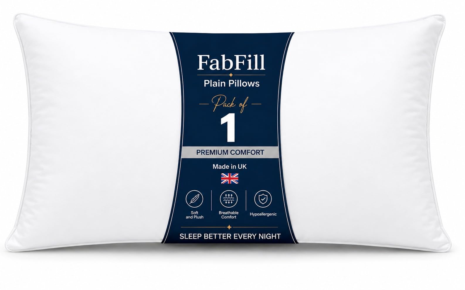 FabFill Pillows 1 Pack – Hotel Quality Plain Bed Pillows, Soft Yet Firm Support for Side Sleepers, Hollowfibre Filling, Hypoallergenic, Bounce Back Pillow for Neck & Shoulder Comfort (Set of 1)