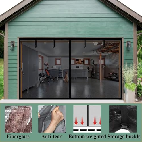 Image of Magnetic Garage Door Screen 14x12ft for 1 2 Car Garage Carport Patio Porch | Retractable Fiberglass Privacy Mesh, Weighted Bottom, Kids & Pets Friendly, Easy Installation, Windproof, Repair Pieces