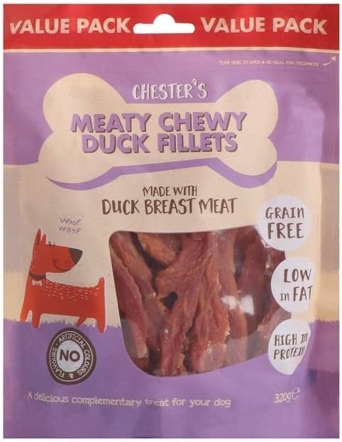 Chester’s Meaty Chewy Natural Dog Treats Variety Pack 320g | Grain Free High Protein Dog Chews | Healthy Training Rewards for Puppies, Small & Large Dogs (Meaty Chewy Duck Fillets) — image 1