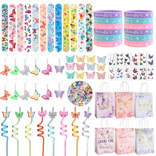 PEMOTYST Butterfly Party Favors Set Butterfly Theme Goodie Bags Keychains Slap Bracelet Stickers Straws Hair Clips for Butterfly Party Supplies Butterfly Birthday Party Decorations(Butterfly)