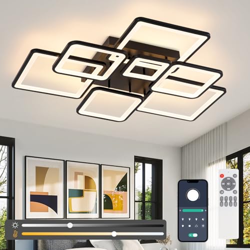 Image of Vloitgol Modern Led Ceiling Lights 90cm Black 7-Square Design 3000K-6500K LED Dimmable Ceiling Lighting Fixture with Remote Control Black Lamp for Bedroom Kitchen Dining Room Office Living Room - 92W