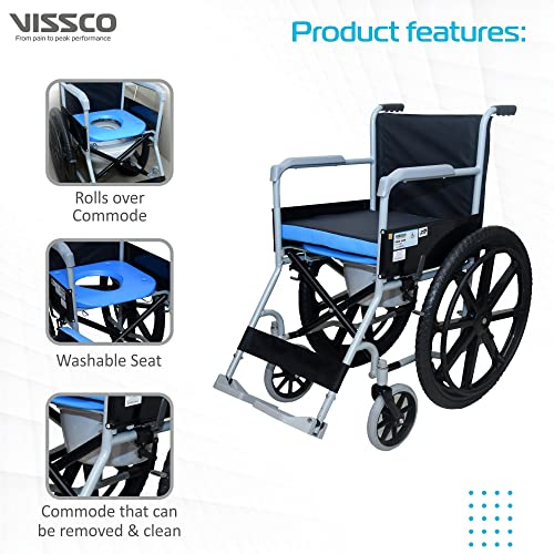 Image of Vissco Rodeo Veer Comfort Wheelchair with Removable Commode, Foldable, Fixed Armrest and Removable Footrest, for Elderly and Patients, Lightweight, Weight Capacity 100kg
