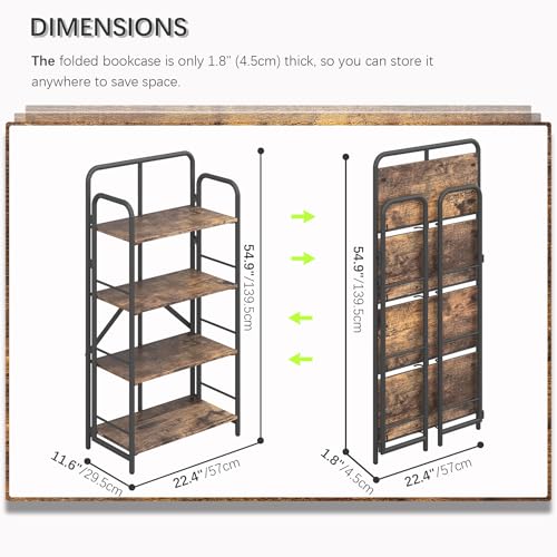 Image of 4NM No Assembly Folding Bookshelf, 4 Tiers Collapsible Book Shelves Open Industrial Foldable Storage Bookcase Shelf for Bedroom, Living Room, Home Office - Rustic Brown and Black