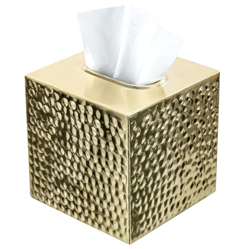 MyGift Modern Hammered Brass Tone Metal Cube Facial Tissue Box Cover with Open Bottom, Decorative Pebbled Texture Square Holder for Bathroom Tissues - Handcrafted in India