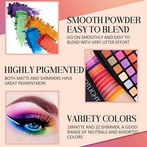 Rechoo 40 Colors Eye Makeup Eyeshadow Palette, Bright Color Matte Eye Shadow Blue Red Purple Bright Color With Sequins Shimmer Metallic Pigmented Paleta