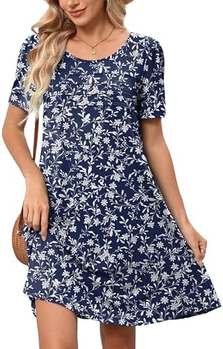 Heymoments Women's Short Sleeve Crewneck Sundress Summer Casual A-Line Beach Dress with Pockets S-2XL