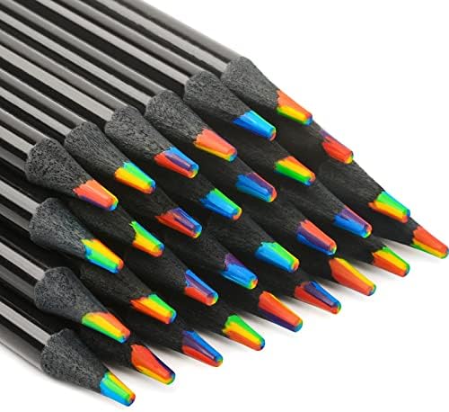 ThEast Black Wooden Rainbow Colored Pencils, 7 Color in 1 Rainbow Pencils, Art Supplies for Kids and Adults, Assorted Colors for Drawing Coloring Sketching, Multicolored Core, Pre-sharpened (12)