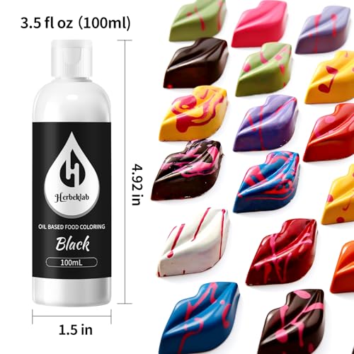 Image of Black Oil Based Food Coloring for Chocolate - Herbeklab 100ml Professional Concentrated Oil Food Dye for Candy Melts, Chocolate, Cake Pops, Strawberries & Baking