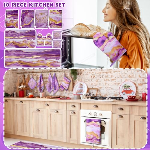 Fourluoo 10 Pcs Marble Farmhouse Kitchen Decor Accessories Set Marble Kitchen Dish Towels Rugs Oven Mitts and Pot Holders Sets for Cooking Baking - Image 3