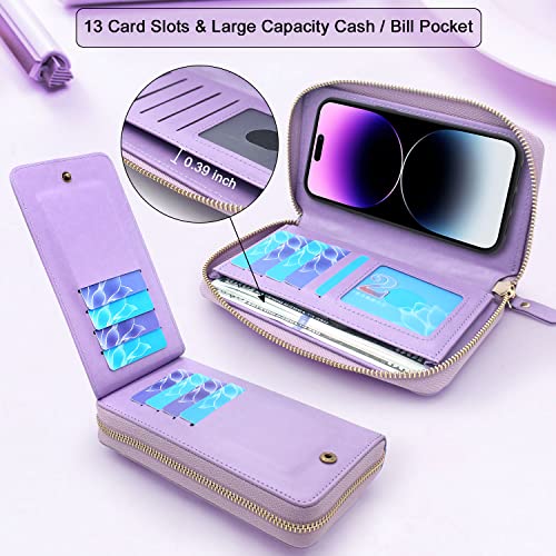Lacass Compatible With Iphone 14 Pro Max 6.7 Inch 2022 Case Crossbody Dual Zipper Detachable Magnetic Leather Wallet Phone Case Cover (Floral Purple) #TOP2