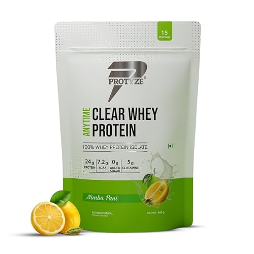 Protyze Anytime Clear Whey Protein Isolate 480gm | 24g Protein Per Scoop | Nimbu Pani, 15 Servings | ISO & HACCP Certified | Lean Muscle Growth, Easy Digestion & Refreshing