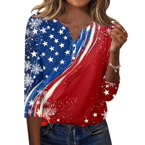 Image of 4th of July Shirts Women 3 /4 Length Sleeve Womens Tops Henley Neck Casual Patriotic T Shirts