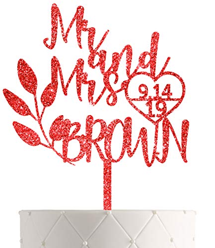 Personalized Wedding Cake Topper With Customized Bride and Groom Last Name or Marriage Date for Mr Mrs (Red Glitter)