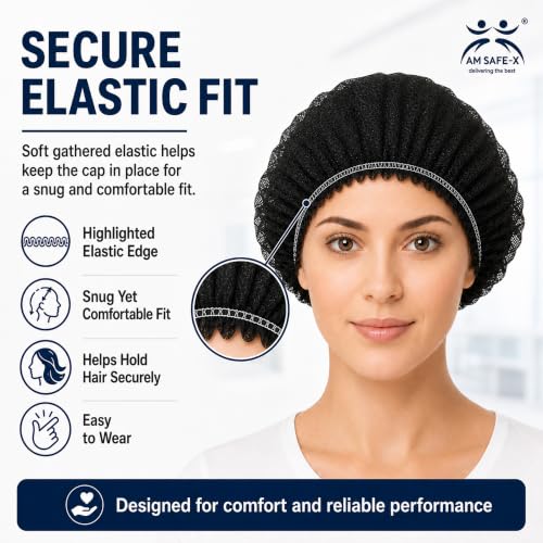 Image of AM Safe-X Disposable Blue Non-Woven Hair Net for Women & Men 50 Pcs | Elastic Bouffant Cap | Lightweight, Breathable & Dust-Proof Hair Cover | Ideal for Food Processing, Hospitals, Salons, Spa|Black