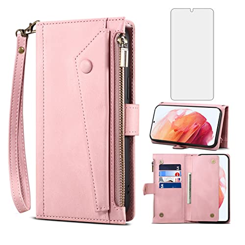 Protégez votre Samsung S21 5G des chutes avec cet étui portefeuille zippé rose