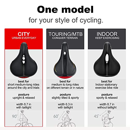 DAWAY C99 Men Women Bike Seat - Comfortable Memory Foam Padded Bicycle Saddle with Taillight, Waterproof Wide Leather Cushion, Dual Spring Suspension, Shock Absorbing, Fits Road, MTB, Exercise Bikes