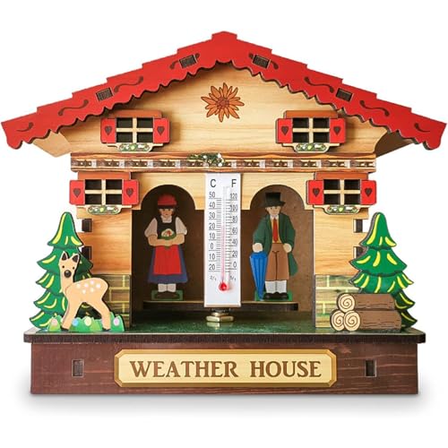 Mavdecll Wooden Weather House, Wall Mounted Weather Stations with Thermometer and Hygrometer, Symbolizes Sunny or Rainy Weather, Forest House Decoration, for Indoor Outdoor