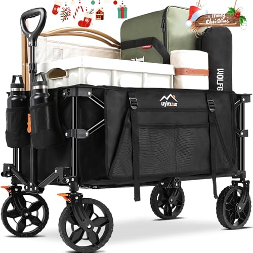 Image of Uyittour Wagon Cart Heavy Duty Foldable, Collapsible Folding Wagon with Compact Folding Design, Utility Grocery Wagon with Side Pocket and Brakes for Shopping, Sports, Camping and Garden