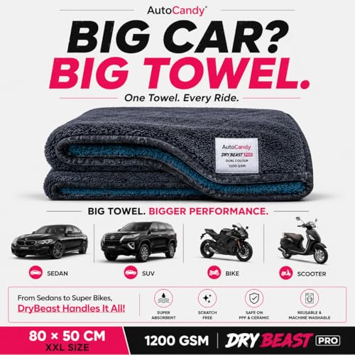 Image of DryBeast 1200 GSM XXL Premium Microfiber Cloth for Car & Bike | 80 x 50 cm | Ultra Plush, Super Absorbent & Scratch-Free Drying Towel | Safe for Paint, PPF, Ceramic Coating & Glass