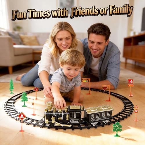 Image of Electric Train Set, Ages 4-8 - Christmas Train with Locomotive, Passenger Car, 6 Curves, LED Light & Sound - Indoor Toy for Kids, for Holiday Village or Train Table
