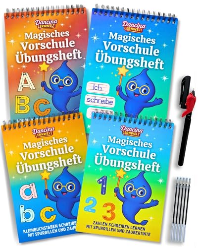 Magische Vorschule Übungshefte ab 5 für Jungen und Mädchen – Spielerisch Buchstaben, Wörter & Zahlen Schreiben Lernen mit Zaubertinte & Spurrillen - 4 Vorschulhefte mit Stift