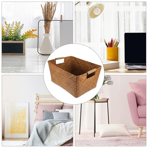 SHOWERORO Panier Tissé avec Poignées Jonc de Mer Rangement Bureau et Ménage Modèle Moyen Stockage Magazines Jouets Fruits Snacks Woven Storage Basket With Handle – vue 8