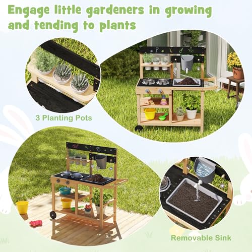 Image of HONEY JOY Mud Kitchen with Wheels, Fir Wood Outside Play Kitchen for Toddlers, Realistic Faucet & Water Tank, Stoves, Sink, Storage Shelf, Planter Cups, Mud Table for Kids Outdoor Backyard