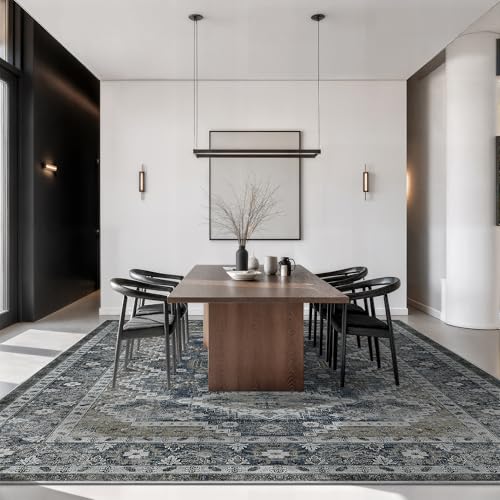 Rugland 9x12 Area Rug - Stain Resistant Washable Rug, Anti Slip Backing Rugs for Living Room, Vintage Tribal Area Rugs (TPR07-Navy, 9'x12')