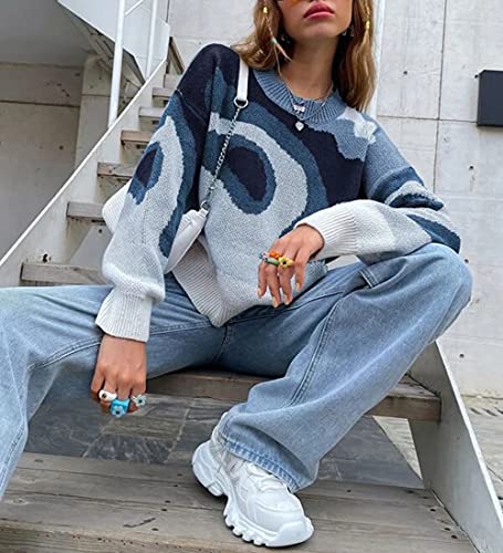 Image of MISSACTIVER Women Casual Knitted Mock Neck Sweater Print Colorblock Long Sleeve Loose Fit Pullover Knitwear