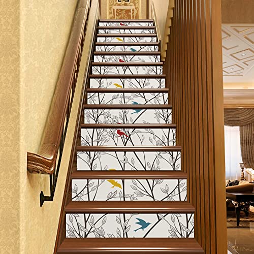 Birds Pattern Self Adhesive Stair Stickers, Peel And Stick Vinyl Stair Risers Staircase Murals Decals Sticker Decor For Steps,39.4"X7.1"X13Pcs, Ruby Petrol Blue Earth Yellow #TOP30