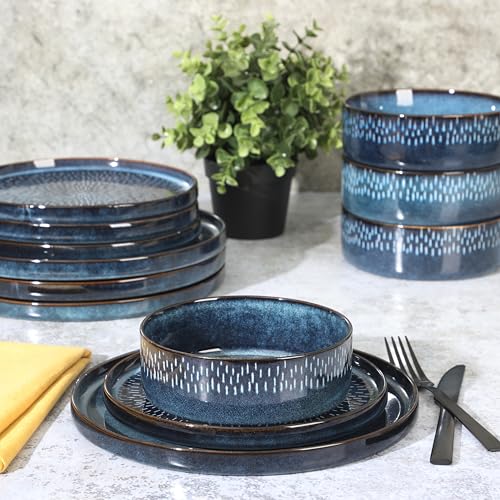 Image of Gibson Elite 12 Piece Matisse Moderna Stoneware Reactive Glaze Plates and Bowls Dishes Dinnerware Set - Cobalt Blue