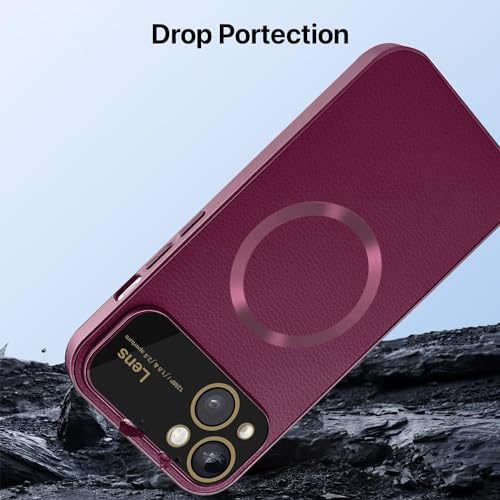 Image of Vaku Luxos Premium Polarized Leather Back Cover for iPhone 15 Plus Texture Full Lens Protection Silicon Case Scratch Resistant Slim Thin Compatible with Mag-Safe - Cherry