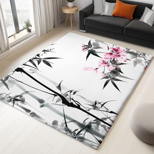 Generisch Teppich Tuschemalerei Bambus Blumen Wohnzimmer Teppich 160 x 230 cm rutschfest Modern 3D Effekt Fußmatte für Flur, Schlafzimmer, Flanell Bodenmatte Geeignet für Wohnkultur