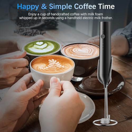 Image of Rechargeable Milk Frother with Stand, Electric Frother Wand Handheld Coffee Foam Maker Detachable Stainless Steel Whisk Drink Mixer Foamer for Latte, Cappuccino, Hot Chocolate, Egg (Black)