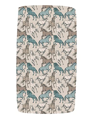 Image of Dear Baby Gear Baby Crib Sheets - Toddler Bed Sheets - Breathable Fitted Bed Sheet - Nursery Bedding - Crib Mattress Sheet for Girls & Boys - 52x28x10 (Tan Teal and Cream Horses on Natural Print)