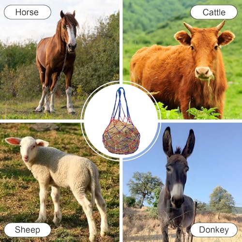WEISGJA 3 PCS Slow Feed Hay Bag Hay Net for Horses,Goats,Sheep,Donkey 33 Inch Length with 3 x 3”Mesh Holes Livestock Supplies Hanging Hay Nets for Trailer and Stall (Blue+Red)