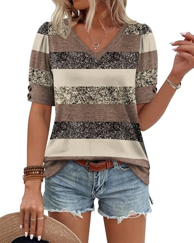 Image of OFEEFAN Womens Tops Short Sleeve Shirts Buttons V Neck Spring Fashion Summer Outfits Plus Size Blouses Dressy Casual