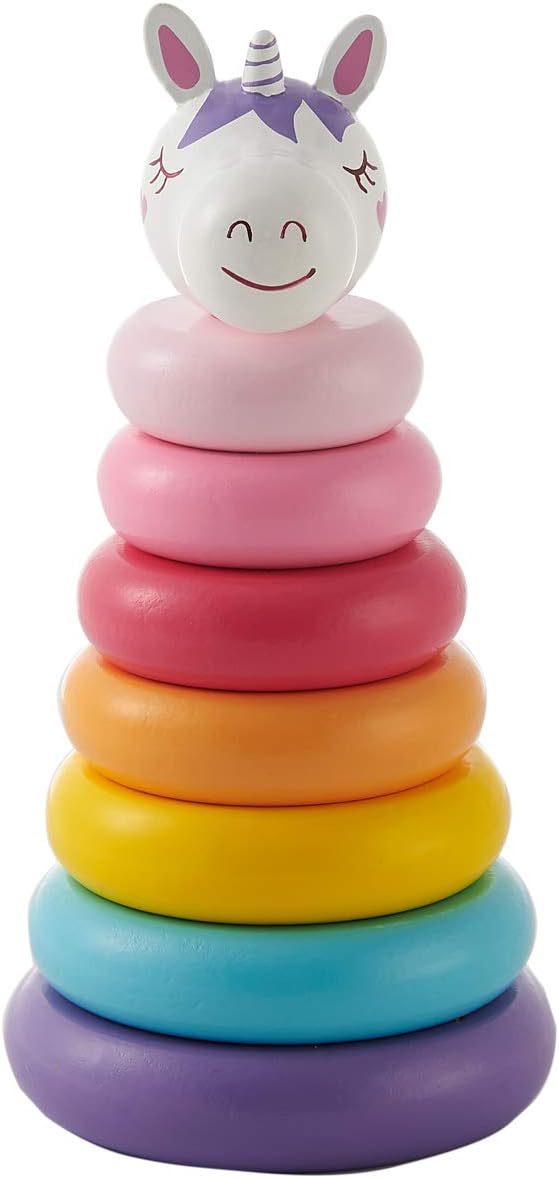 RUYU Classic Unicorn Wooden Rainbow Stacking Rings - 7 Inches Tall Solid Wood Educational Baby Toy for Toddler Boys and Girls Age 18 Months and Up (8 Natural Solid Wood Pieces)