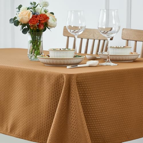 Image of maxmill Fall Tablecloth Stain Resistant Waterproof Wrinkle Resistant Spillproof Soft Weaved Pattern Table Cloth for Dining Room Harvest Thanksgiving Parties, Rectangle 70 x 108 Inch, Amber