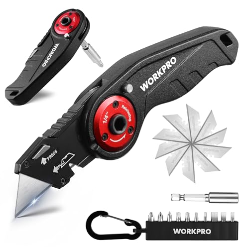 WORKPRO Folding Utility Knife, 2-in-1 Multitool Knife with Ratcheting Screwdriver, Box Cutter Quick Blade Change, EDC Heavy Duty Work Knife with Extra 10 Bit Sets and SK5 Blades