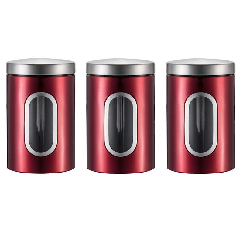 kiss me Stainless Steel Storage Container with Lids Set of 3, Tea Coffee Sugar Canisters Jar Kitchen Canister Set, Elegant Food Storage Container with Viewing Window (Red sanding)