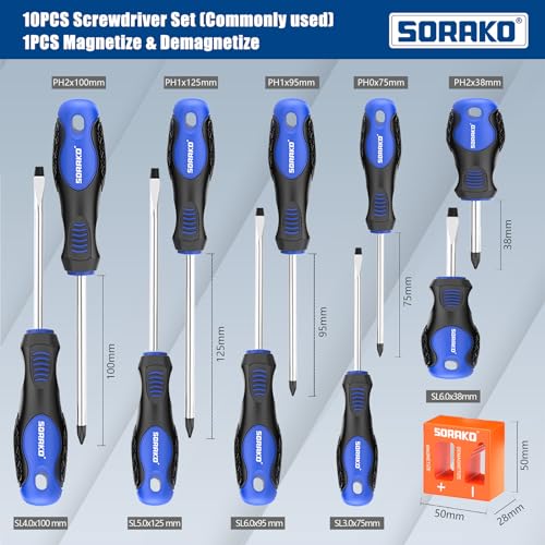 SORAKO 11 PCS Magnetic Screwdriver Set,5 Phillips Screwdrivers and 5 Flat Head Screwdrivers,Made of Heavy-Duty Chrome Vanadium Steel with 2-in-1 Magnetizer,Professional Non-Slip Handle 5 SORAKO 11 PCS Magnetic Screwdriver Set,5 Phillips Screwdrivers and 5 Flat Head Screwdrivers,Made of Heavy-Duty Chrome Vanadium Steel with 2-in-1 Magnetizer,Professional Non-Slip Handle - Image 5