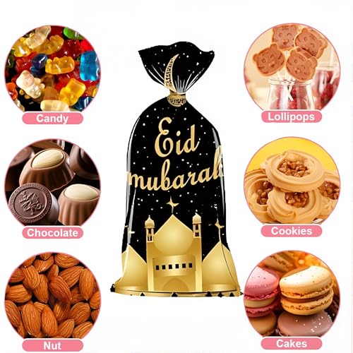 Eid Mubarak Gift Bags, 100 Pcs Ramadan Goodie Bags with Mosque Prints, Muslim Party Favor Bags for Candy Cookie Snacks with Ties (Red&White)