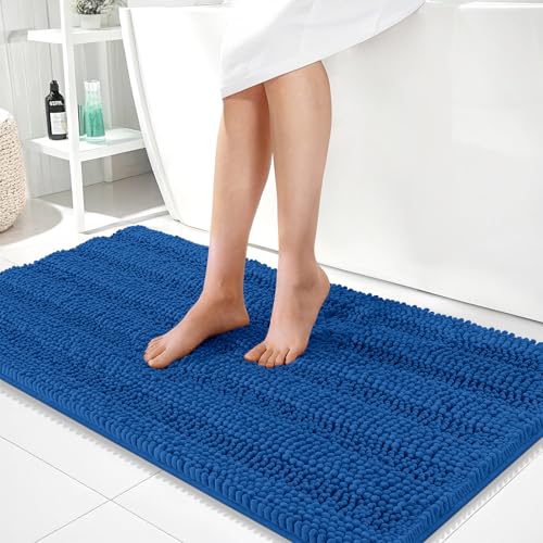 Image of OLANLY Thick Bathroom Runner Rugs 44x24, Extra Absorbent Chenille Striped Bath Rugs, Rubber Backing, Machine Wash, Long Bath Mats for Bathroom, Tub and Shower, Home Decor Accessories, Deep Navy Blue