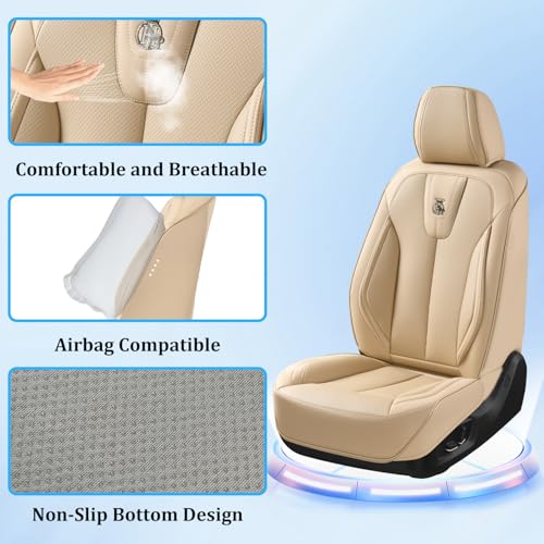 Image of Universal Leather Seat Covers Full Set, Waterproof Seat Cover for Cars 5 Seats, Luxury Leather Car Seat Cushion, Front and Rear Protectors Automotive Seat Covers for Most Cars SUV Pick-up, Beige