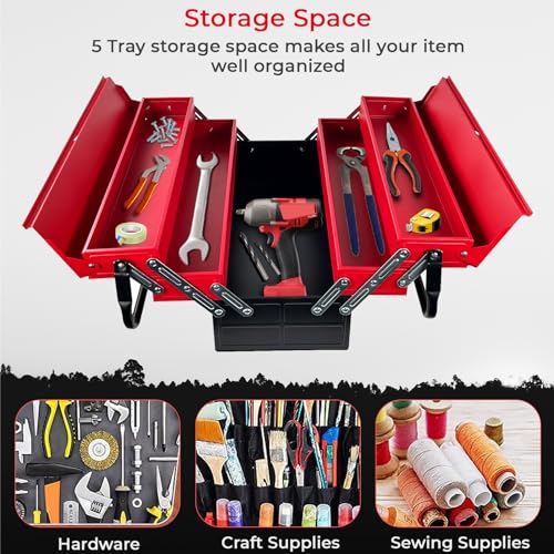 Crystals 3 Tiers - 5 Trays Metal Tool Box, Cantilever Organiser Storage Box for Garage Home Tools, Toolbox - Red (47 x 32 x 20cm) 6 Crystals 3 Tiers - 5 Trays Metal Tool Box, Cantilever Organiser Storage Box for Garage Home Tools, Toolbox - Red (47 x 32 x 20cm) - Image 6