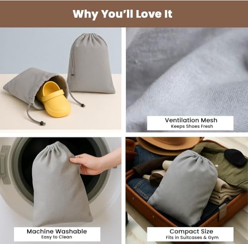 Image of LFH Cotton Rich Shoe Storage Bags with Drawstring, Dustproof Breathable Reusable Organizer, Perfect For Travel, Dorm, Hotel, College, Gym, Easy to Carry, Machine Washable 8 inchx17 inch (Pack of 2) - Grey